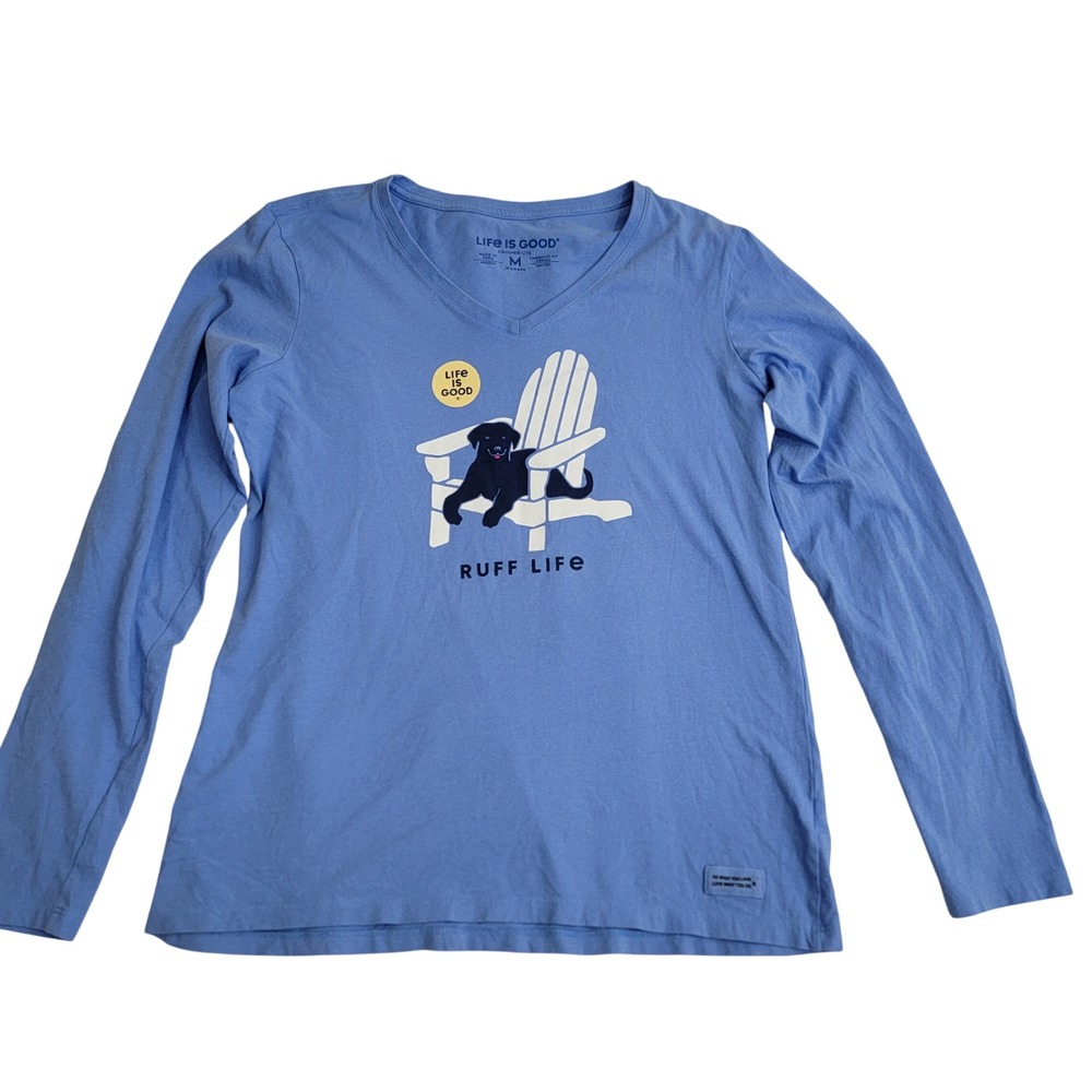 Life Is Good Blue Crusher-Lite Vee Ruff‎ Life Black Lab Long Sleeve Shirt Sz M